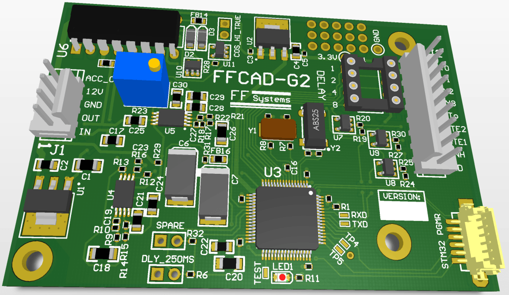 3D rendering of the GEN-2 PCB layout showing the STM32 in the foreground, and the DIP IC location that mates with the ACC controller's 4053 IC chip.