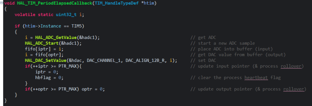 Screenshot of the timer interrup code that captures the analog-to-digital data, stores it into a buffer, then fetches delayed audio samples from the buffer and sends them to the DAC for output.