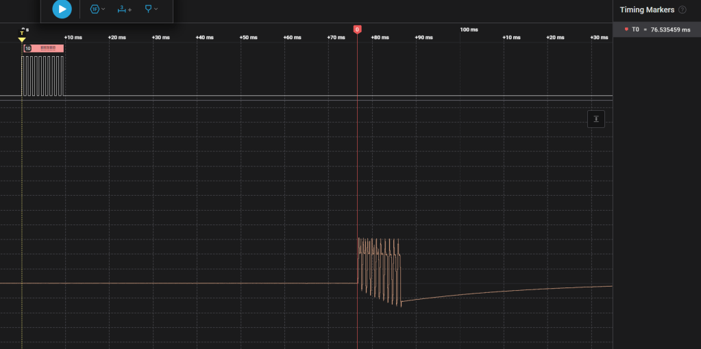 Logic analyzer shwing the initial test pulse, and the delayed output of the module.